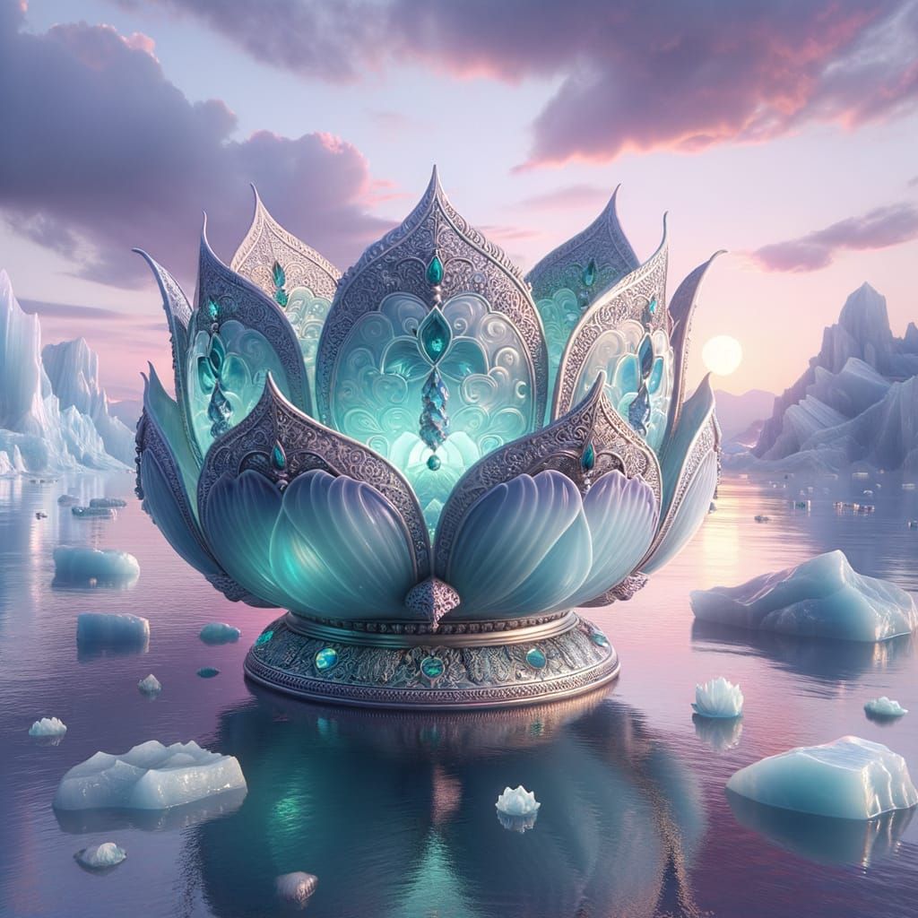Ornate Ice-Blue Lotus Ship on Water at Sunset