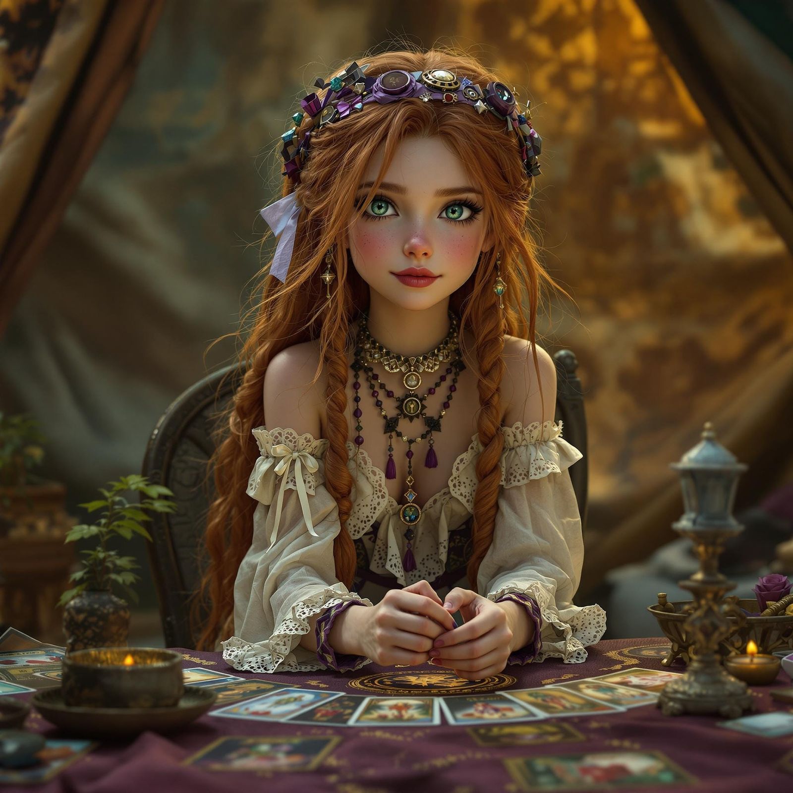 Whimsical Gypsy Girl at Seance Table: Digital Art
