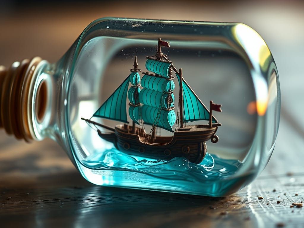 Turquoise Pirate Ship in a Bottle: Realistic Digital Art