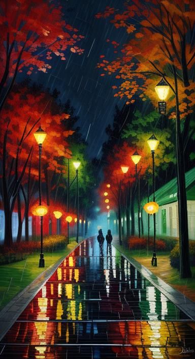 Autumn Night in Park as Paper Collage