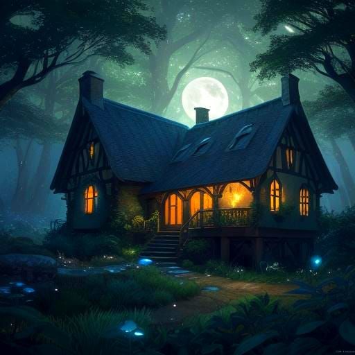 Enchanted Witch Cottage in Forest, Fantasy Concept Art