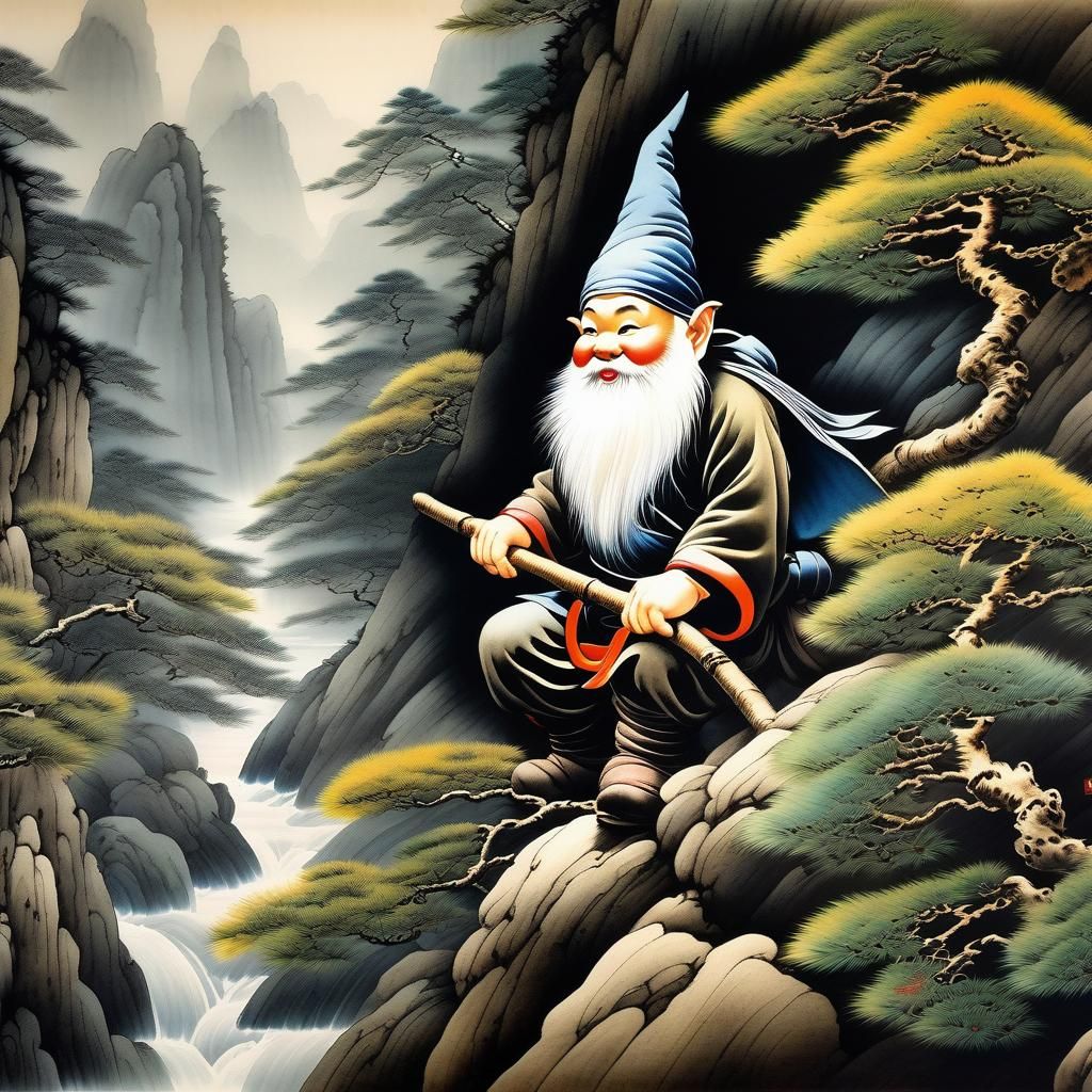 Gnome Climbs Mountain in Chinese Painting Style