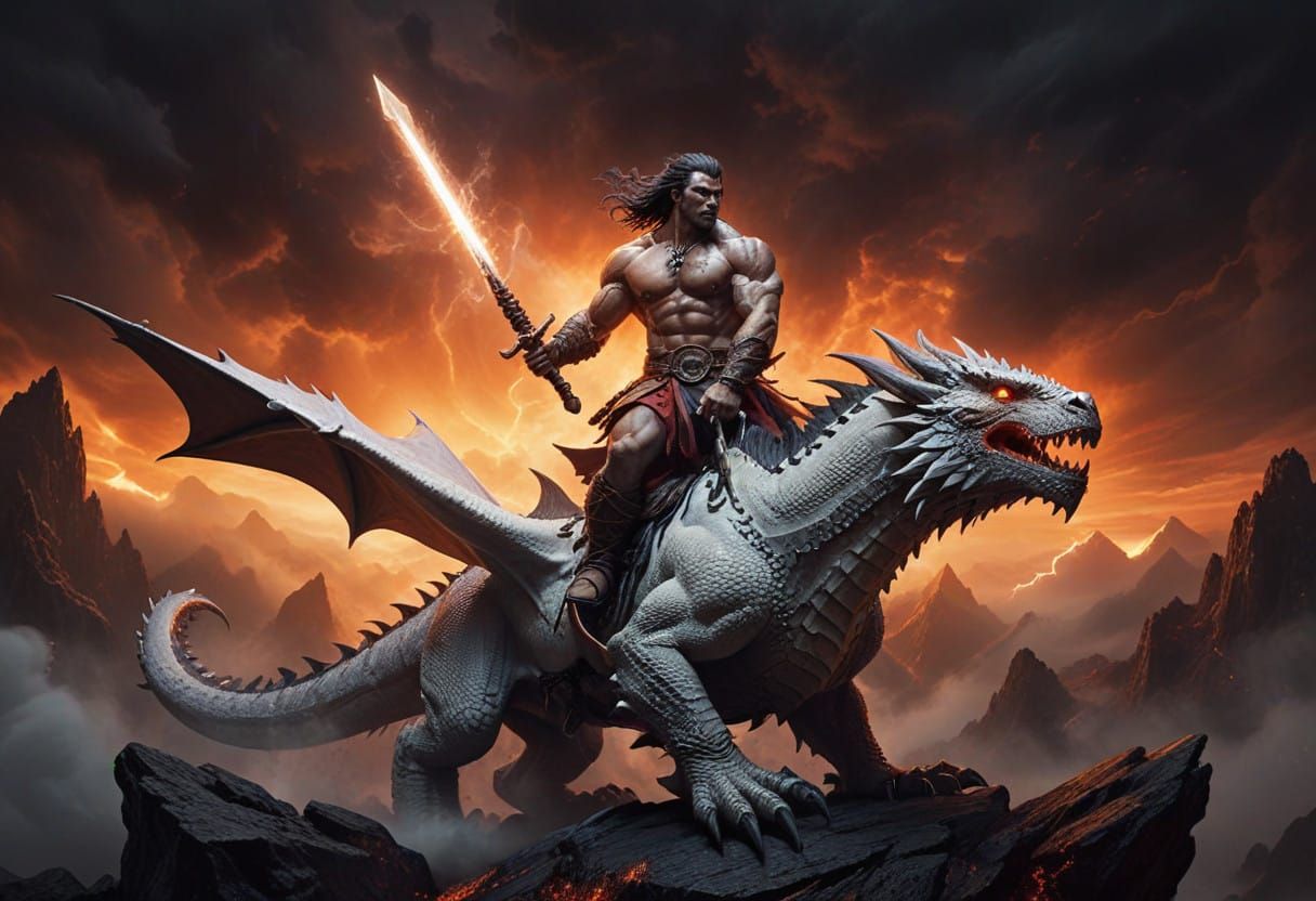 Epic Fantasy Barbarian Rides Glowing Dragon Through Fiery St...