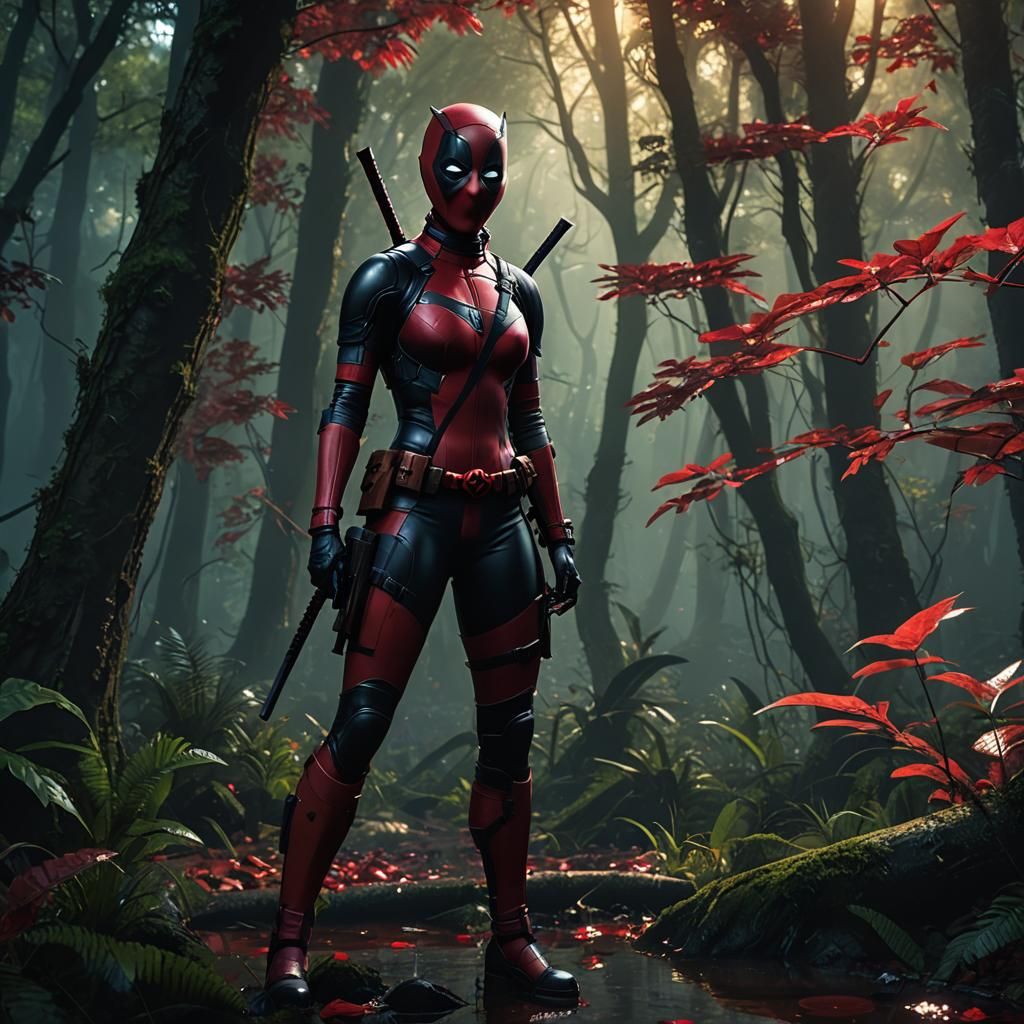Lady Deadpool in Mystical Forest: Digital Concept Art
