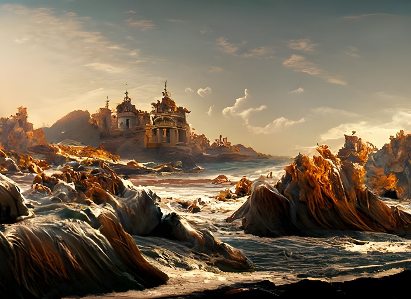 Sinking Sea Castle: Oil Painting in Romantic Style