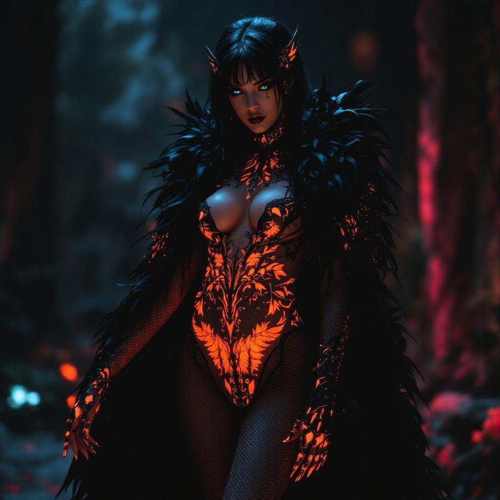 Gothic Raven Queen with Bioluminescent Tattoos