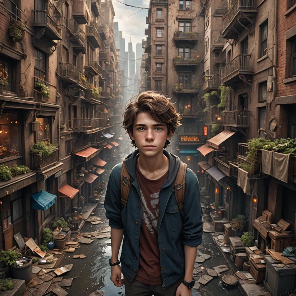 Boy with Brown Hair in City, Digital Art