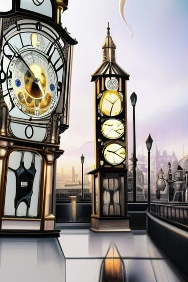 Steampunk Grandfather Clock in Iridescent Cityscape