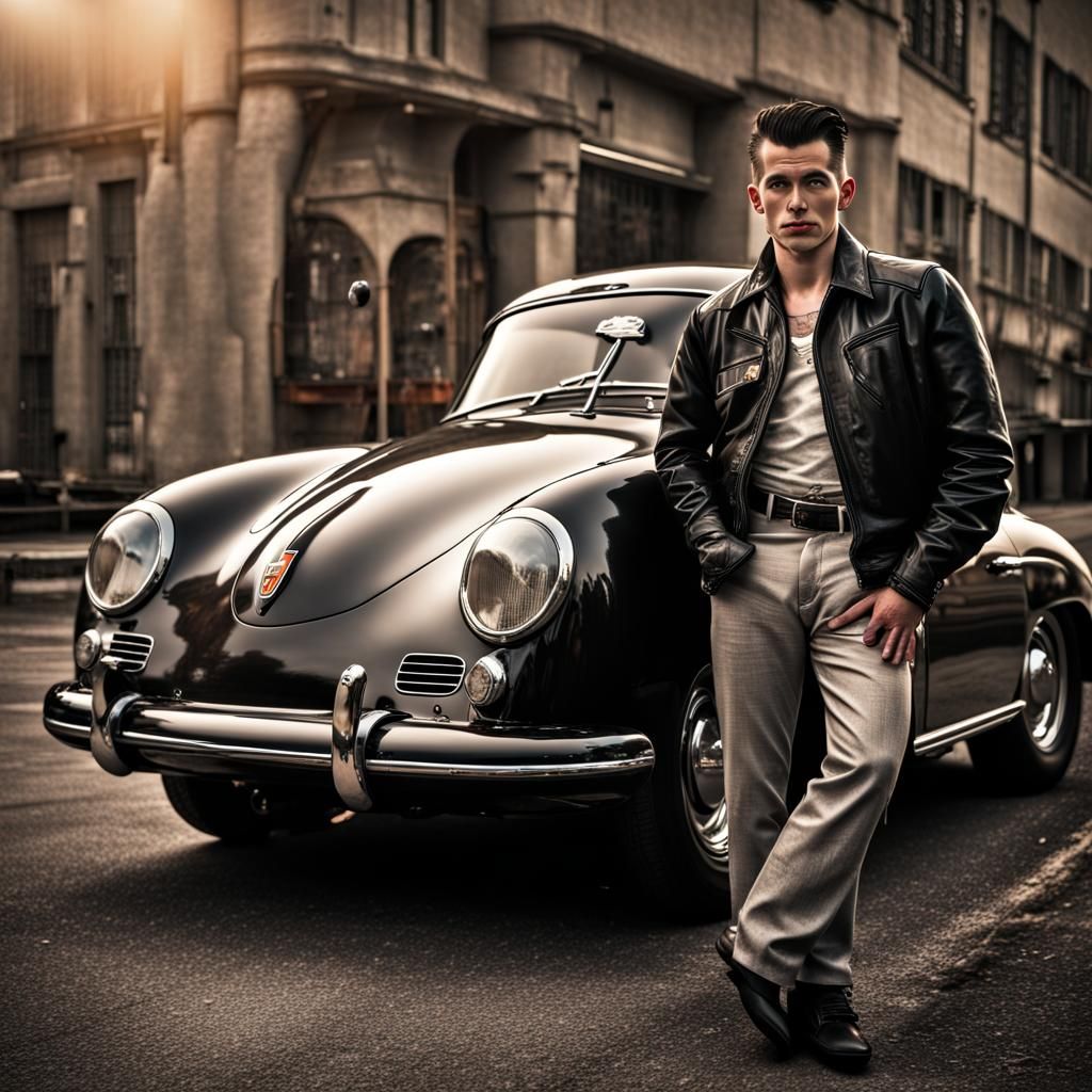 Rockabilly Man and Porsche 356, Hyperrealistic