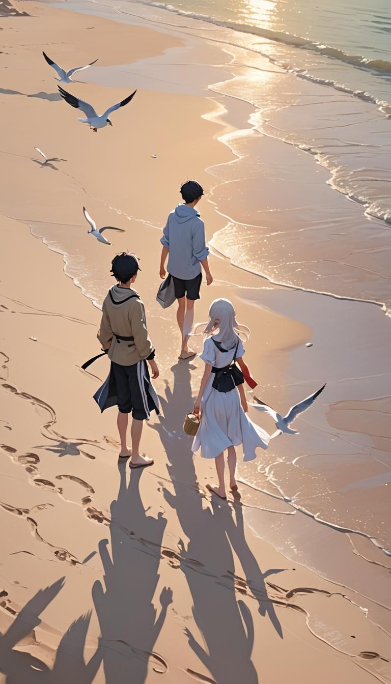 Romantic Anime Couple on Beach at Sunset