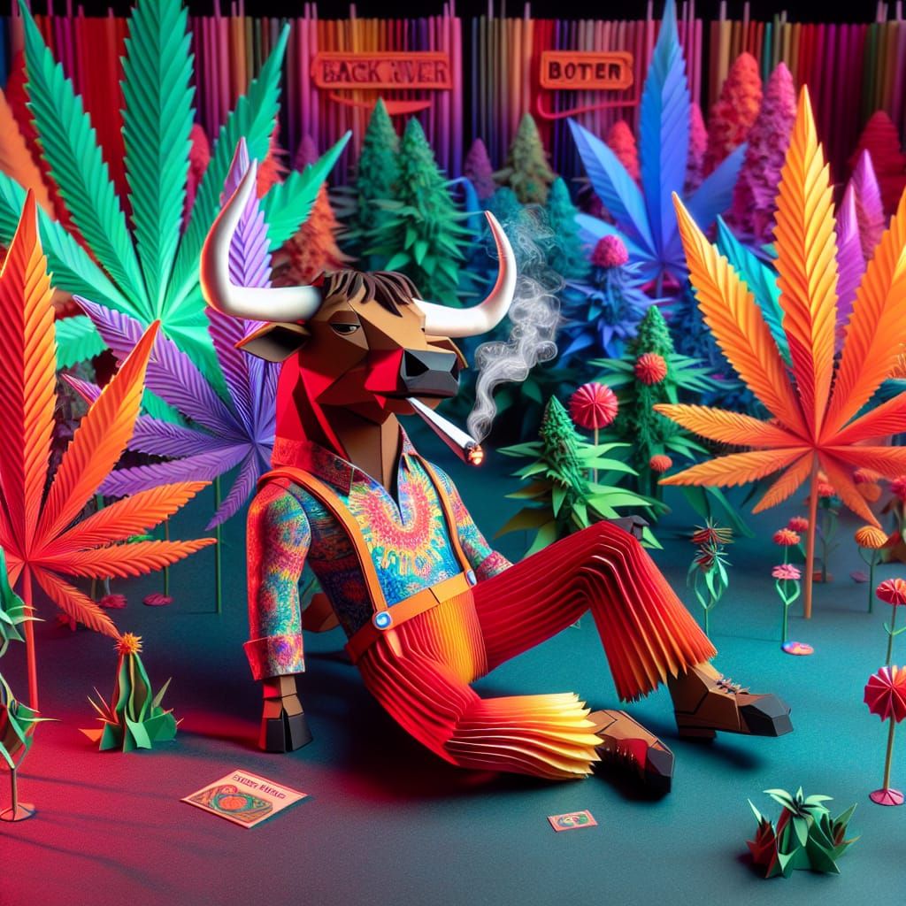 Hippie Bull in Psychedelic Cannabis Field
