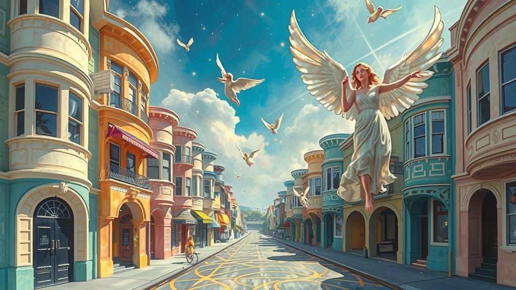 Angels Soar Over Surreal Cityscape in Pop Art Style