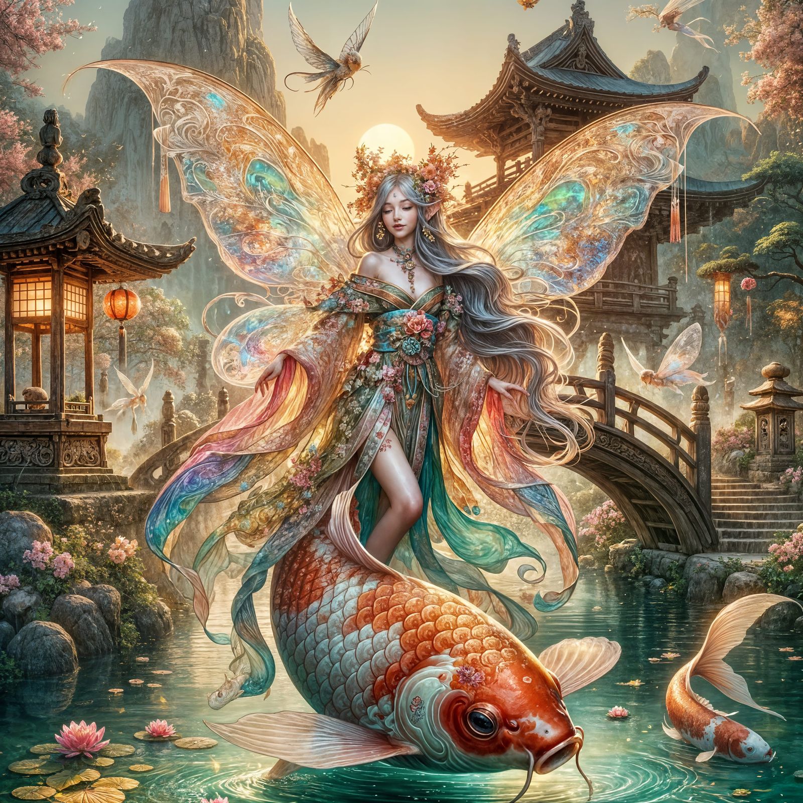 A fantastical koi fairy flying gracefully atop a large vibra...