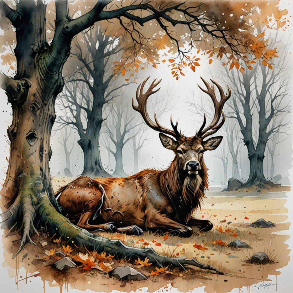 Wadim Kashim, Carl Larsson, Pascal Blanche, Watercolor vintage style a Stag. Minimalism...