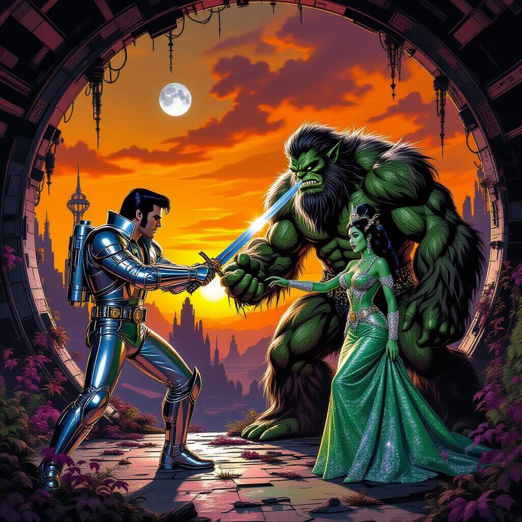 Elvis vs Troll in Alien Space Station Art