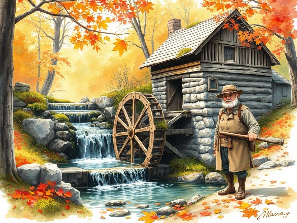 Millman tends the waterwheel.