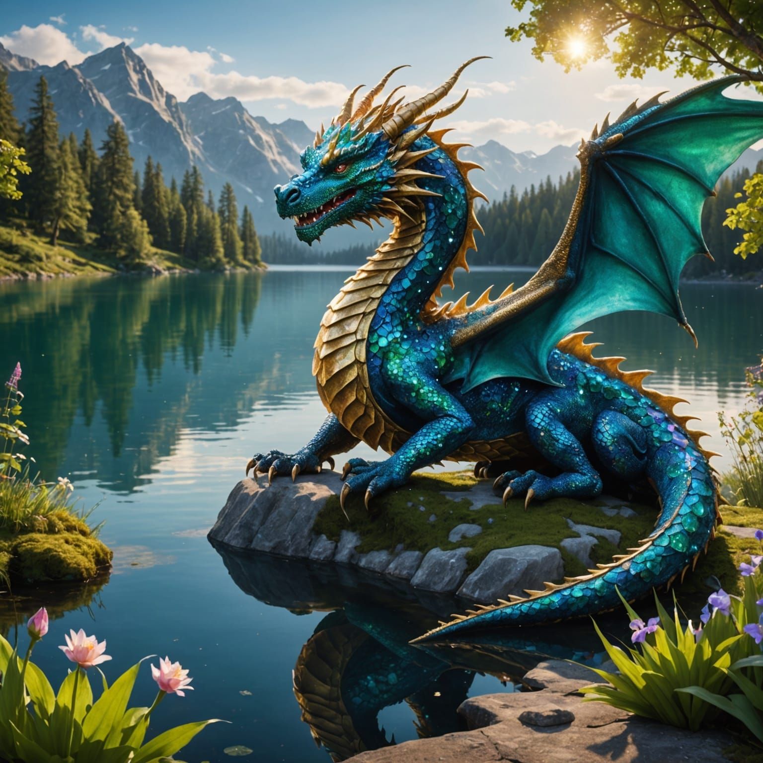 Jewel-Crusted Dragon Watching Fairies by Lake
