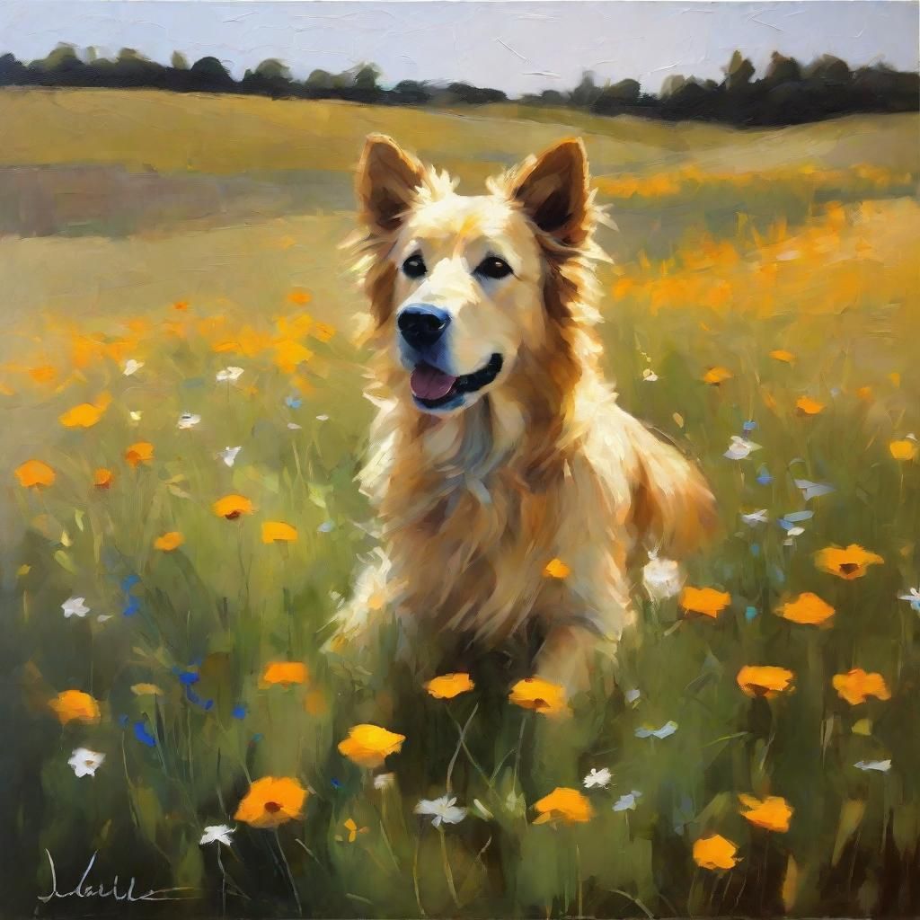 fluffy golden dog sitting in a field of wildflowers oil pain...