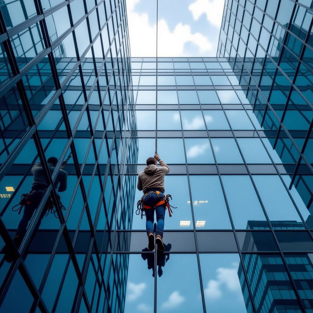 Man Cleaning High-Rise Windows From Rope