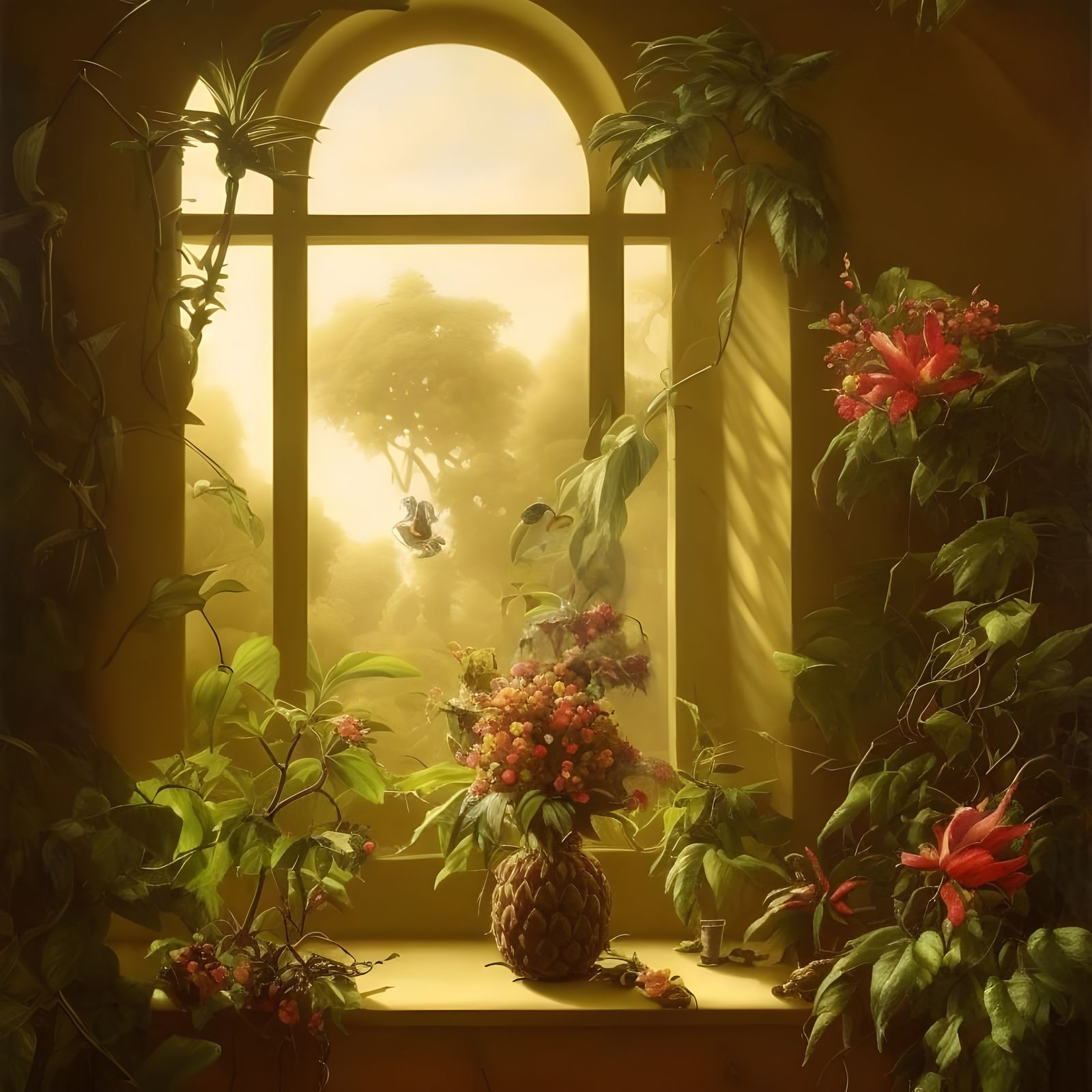 Elegant Living Room with Fresco and Plant