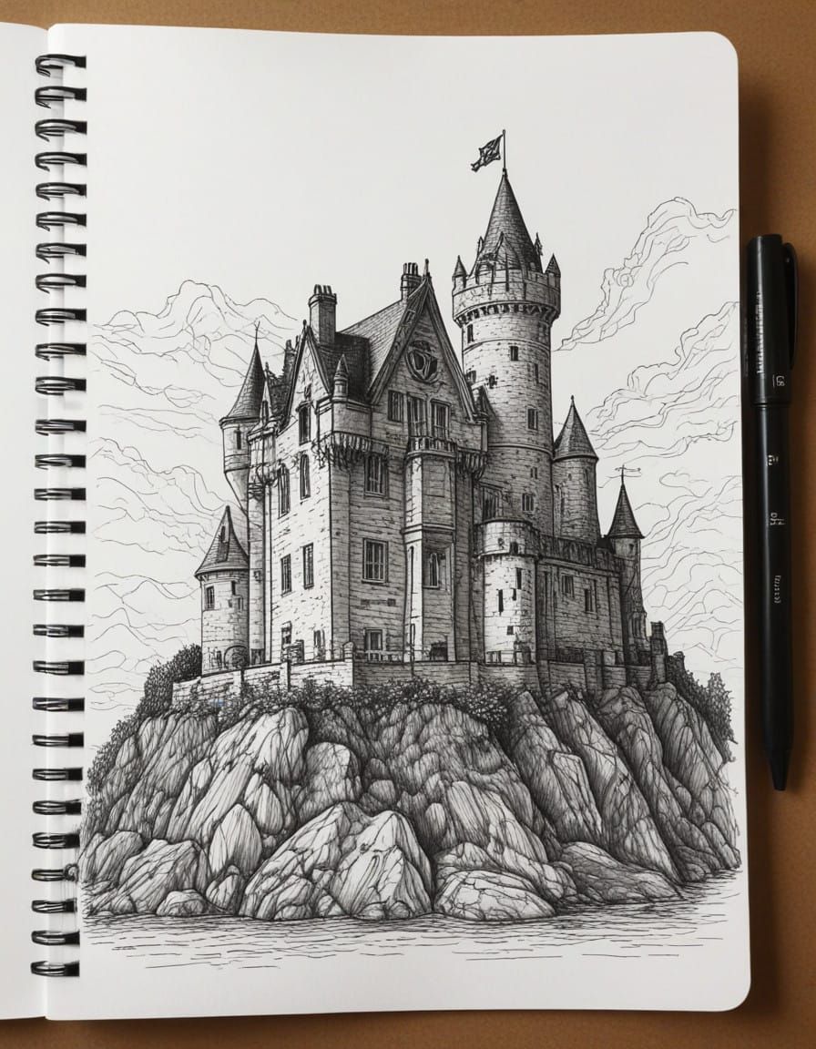 Whimsical Scottish Castle Sketch in Abstract Art