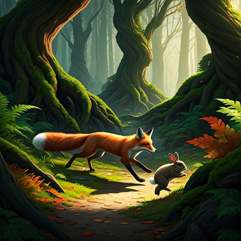 Fox Chasing Rabbit in Misty Forest Concept Art