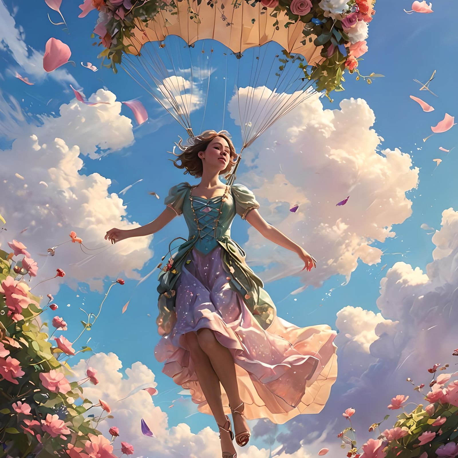 Graceful Skydiver with Floral Parachute in Dreamy Style