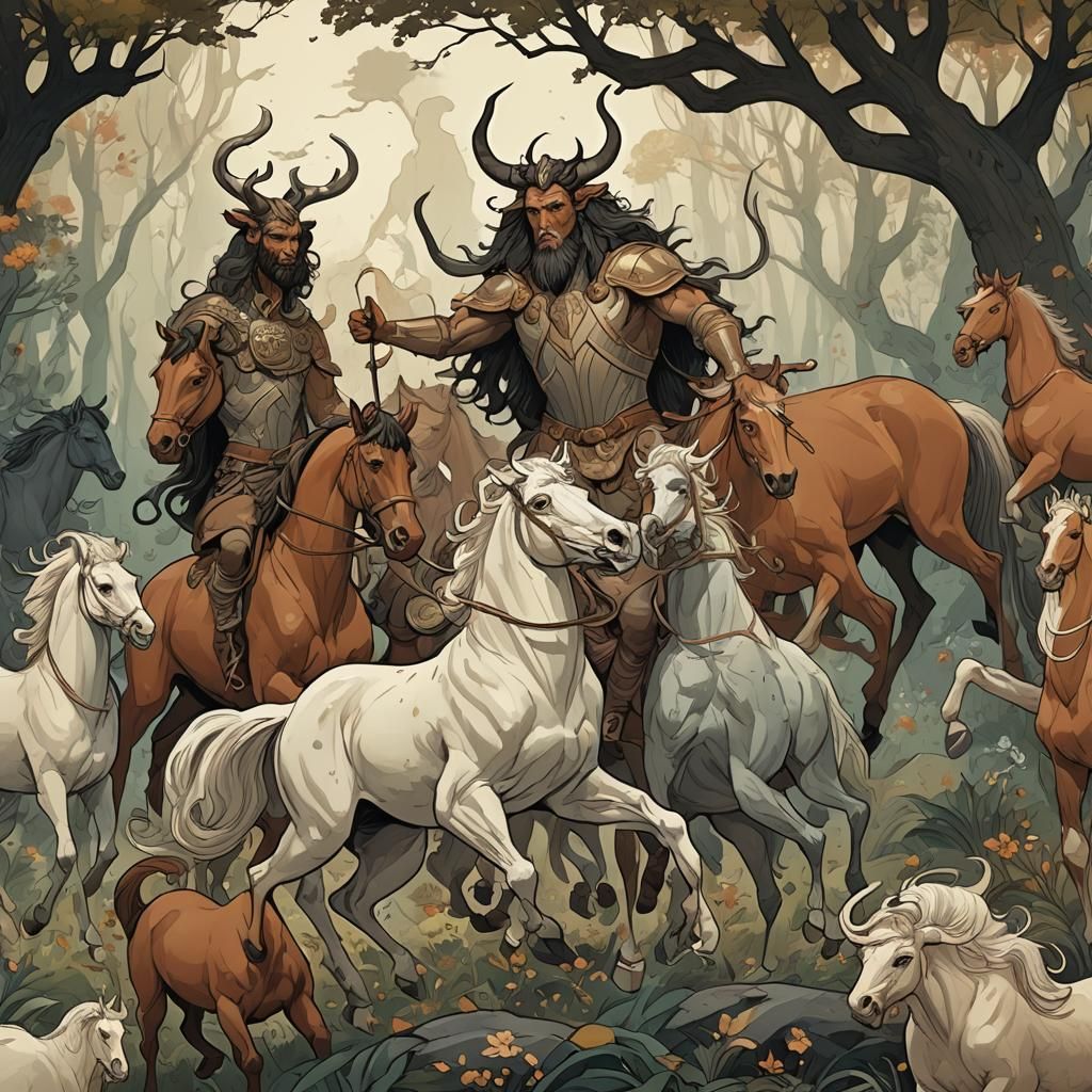 Centaurs in a Meticulous Digital Illustration