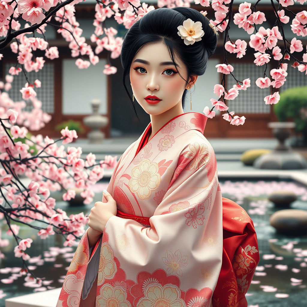 Elegant Japanese Woman in Kimono in Garden