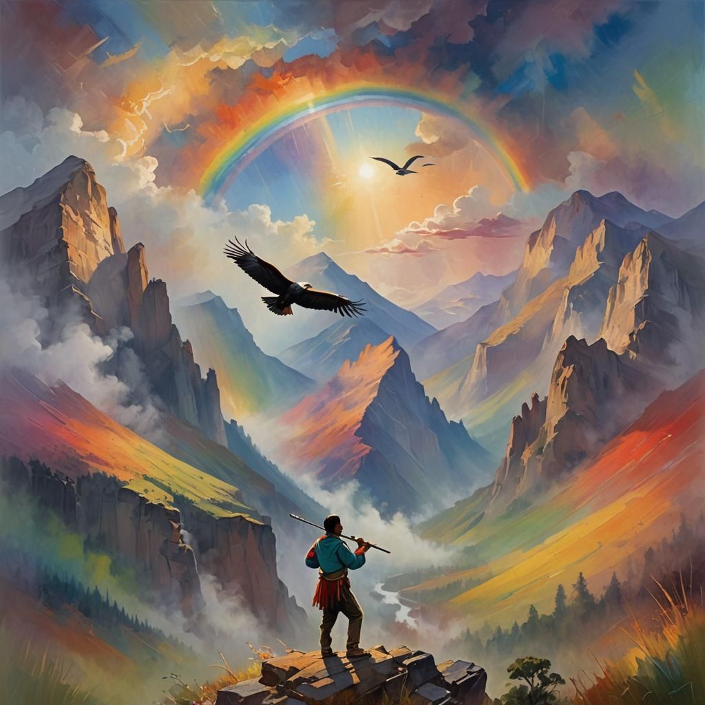 Condor Soaring Over Mountains with Flute Player