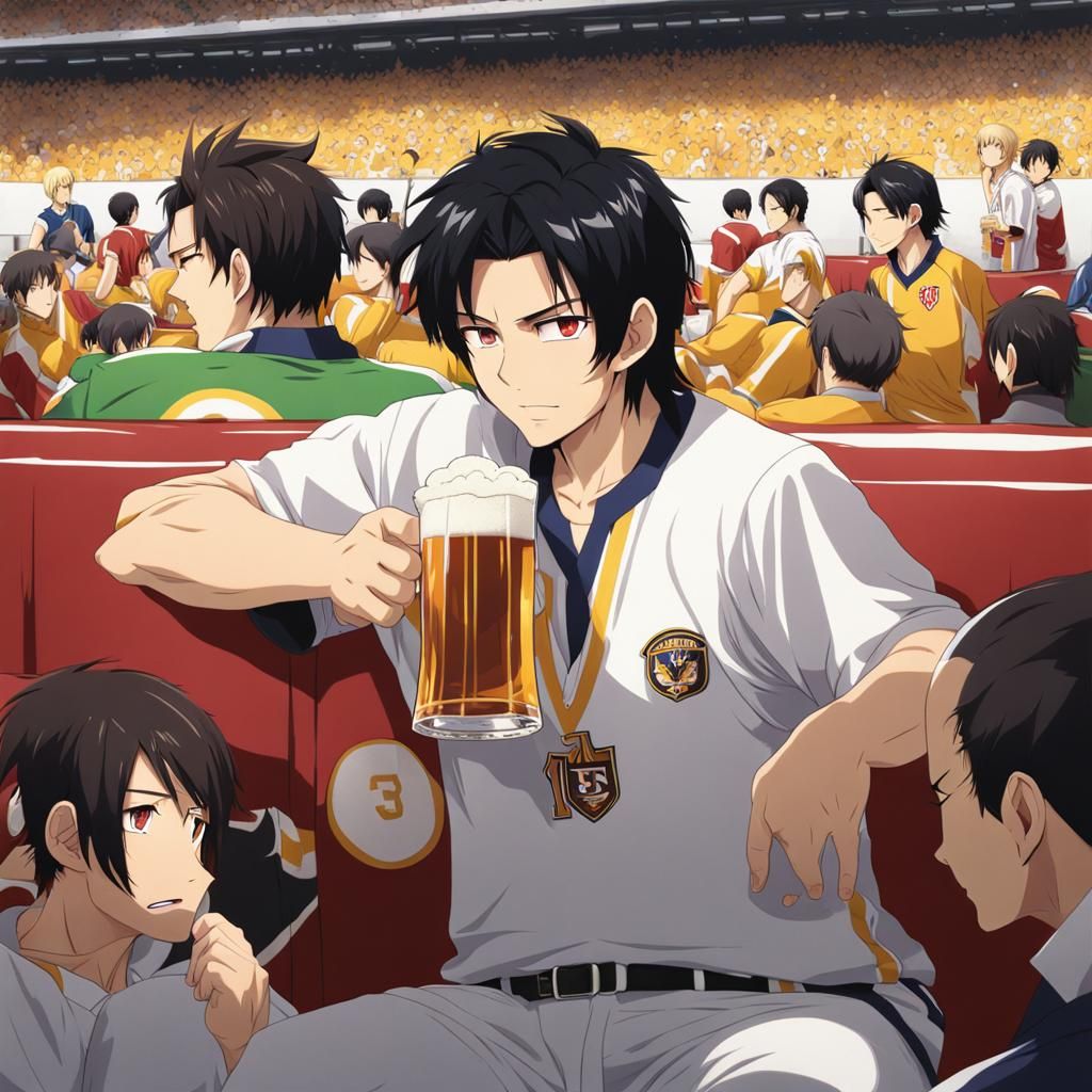 Man Enjoys Football and Beer in Anime Style