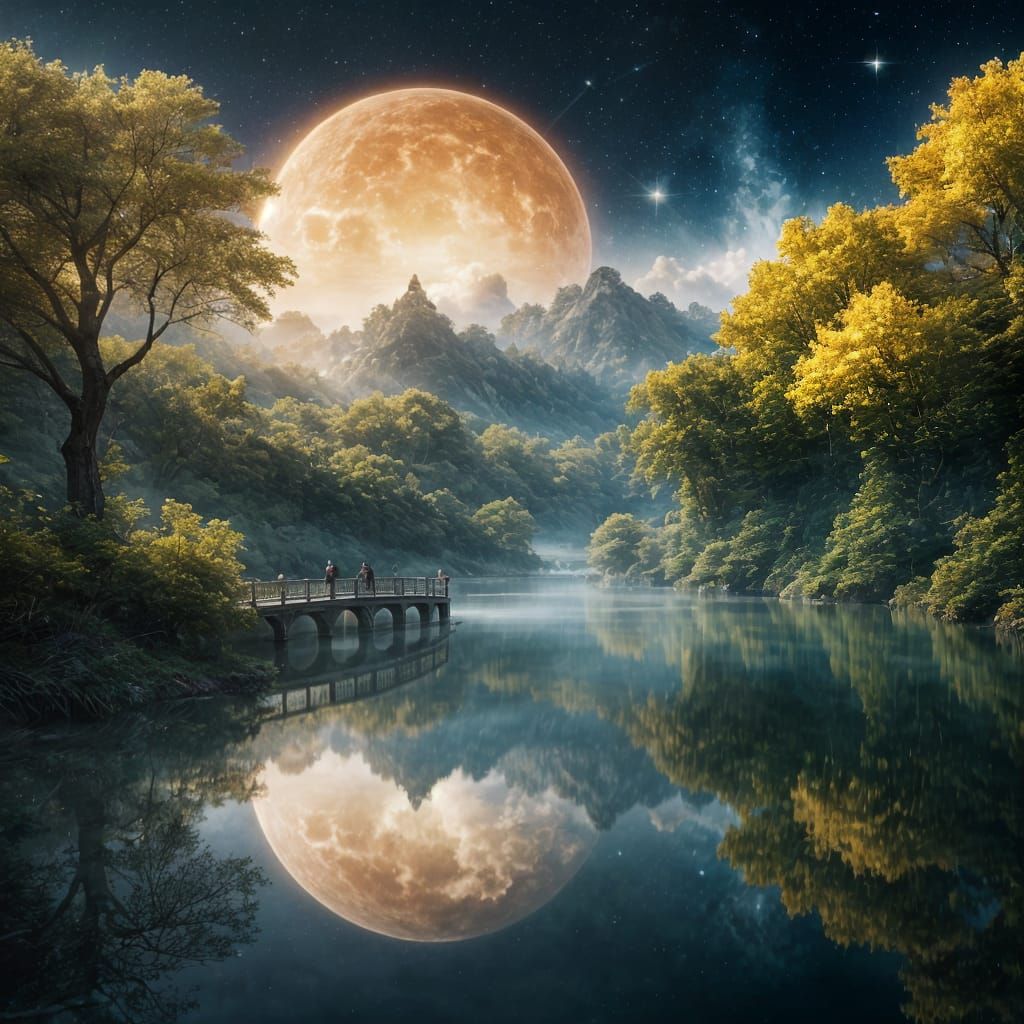 Surreal Bridge Connecting Golden Sunrise and Starry Night Wo...