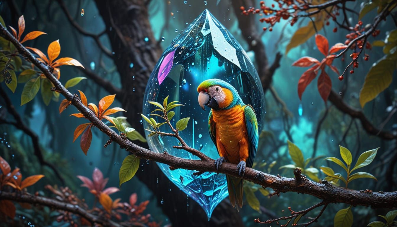 Parrot in Sap: A Surreal Holographic Illustration