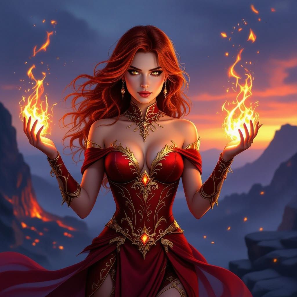 Elegant Female Elementalist in Crimson and Gold