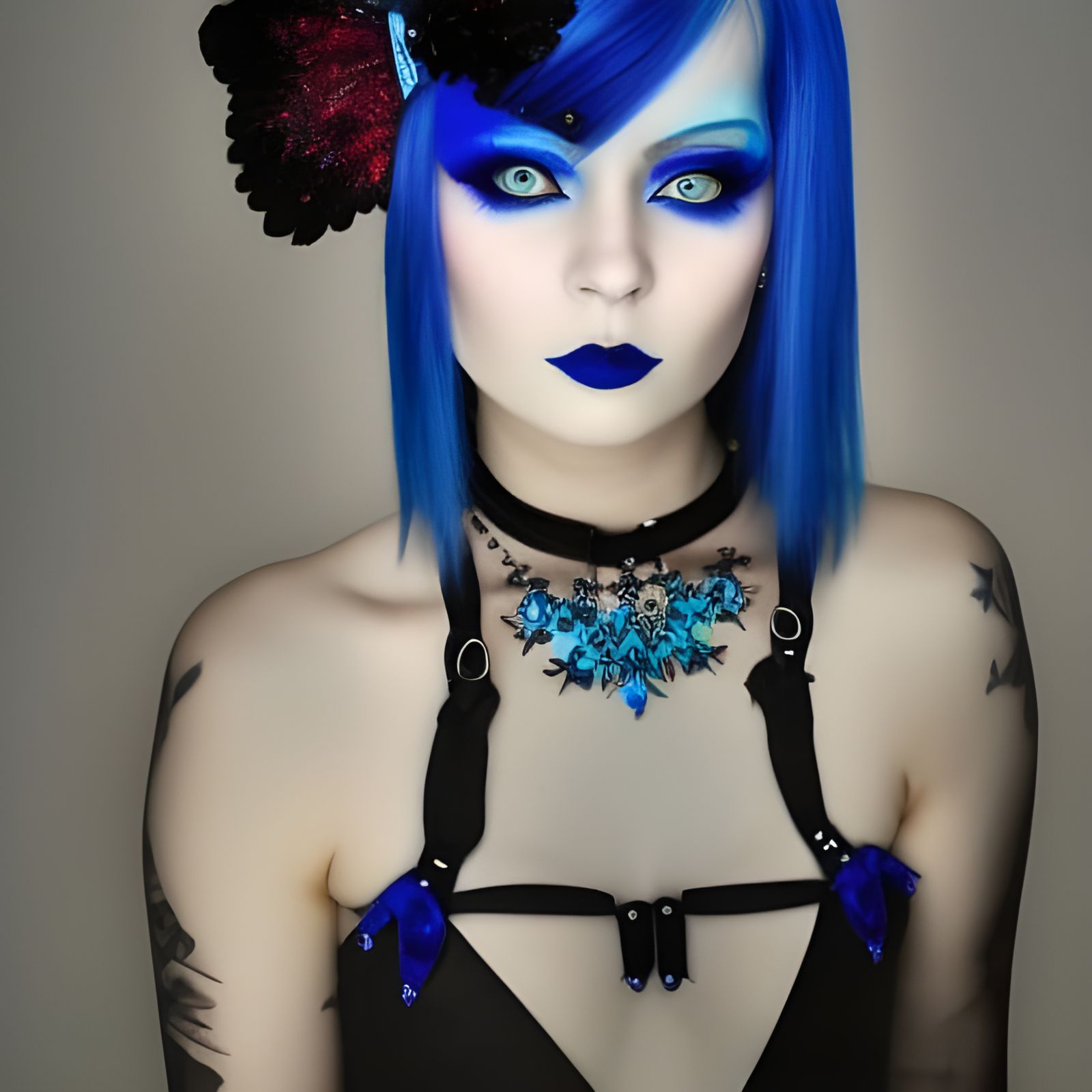 Gothic young lady with cobalt blue hair with crimson red highlights& Black highlights& sapphire blue eyes& smoky black e...