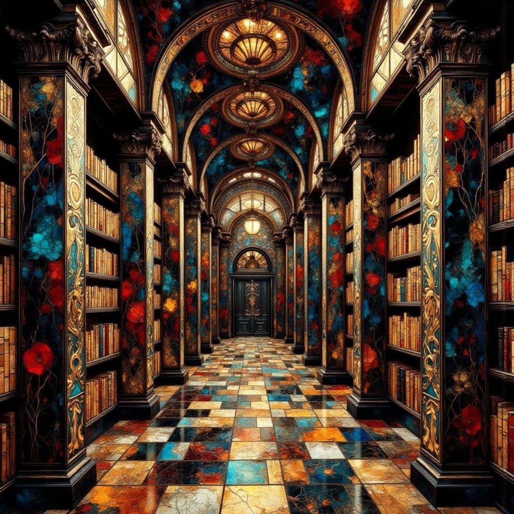 Ancient Library of Clay Tablets in Klimt Style