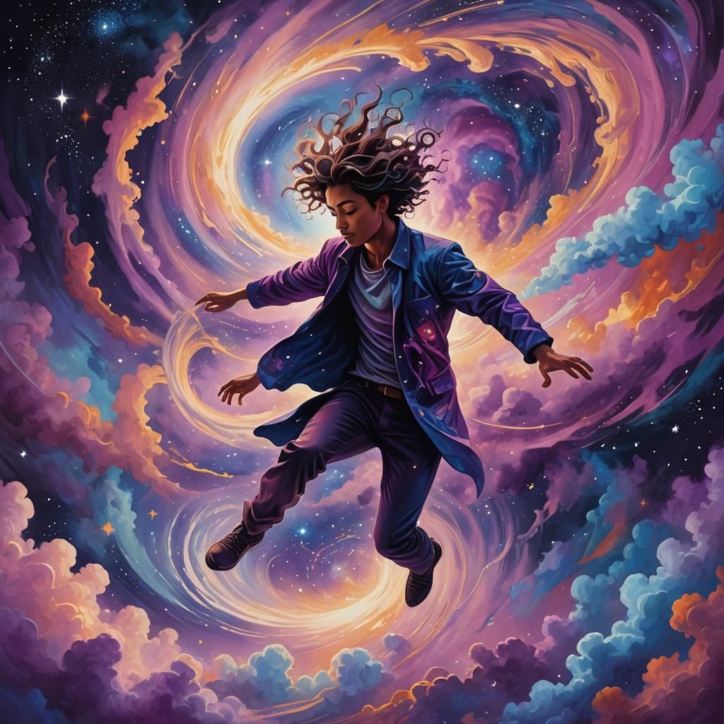 Surreal Figure Falling Through Starry Vortex