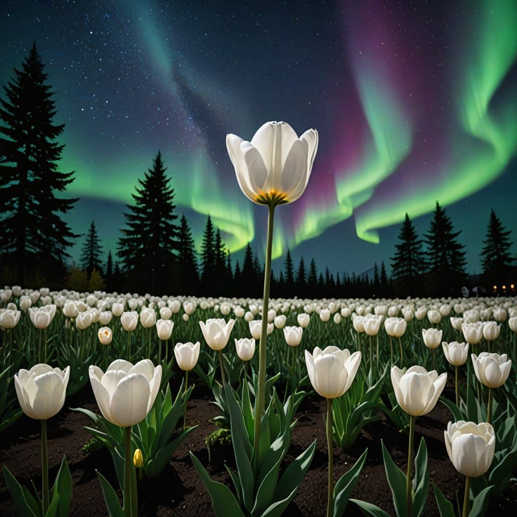 Giant White Tulip in Magical Garden Under Aurora Borealis