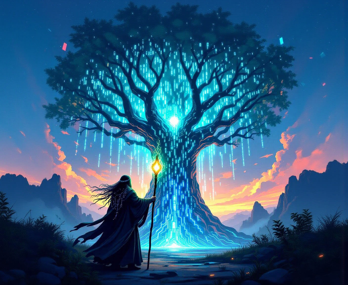 Digital Druid with Energy Staff Before Binary Tree