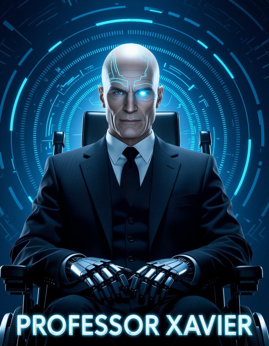 Cyborg Professor X in Futuristic Cyberpunk City