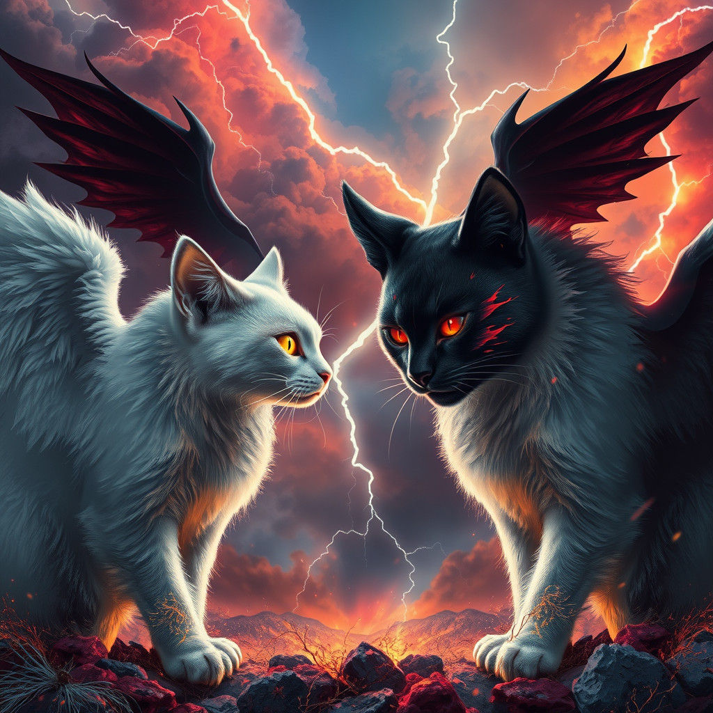 Angel Cat vs Demon Cat in Lightning Storm