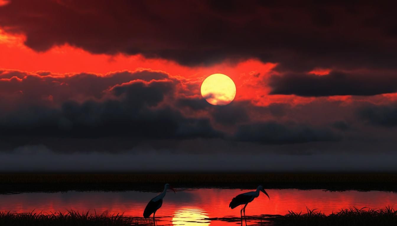 Stork Silhouette Against Fiery Sunset, Detailed Digital Pain...