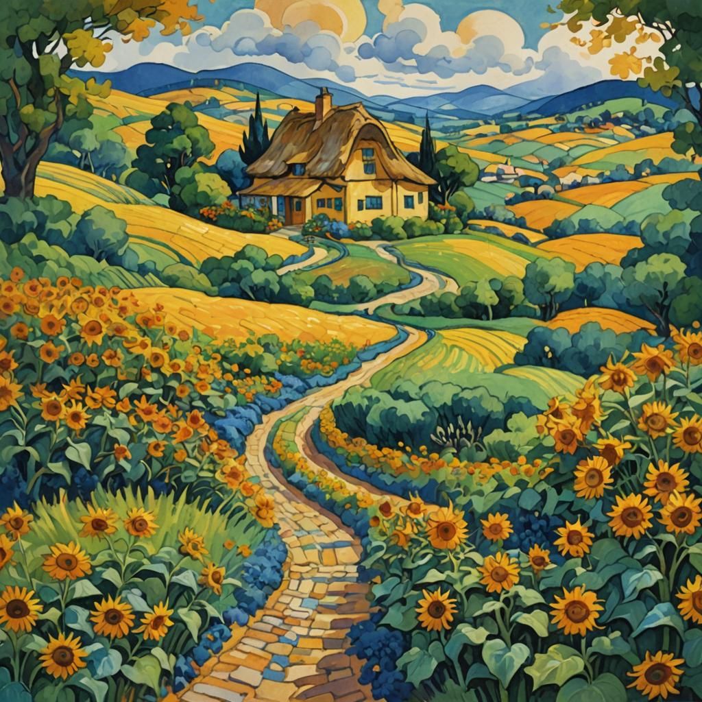 Impressionist Landscape with Swirling Clouds in Gouache Styl...