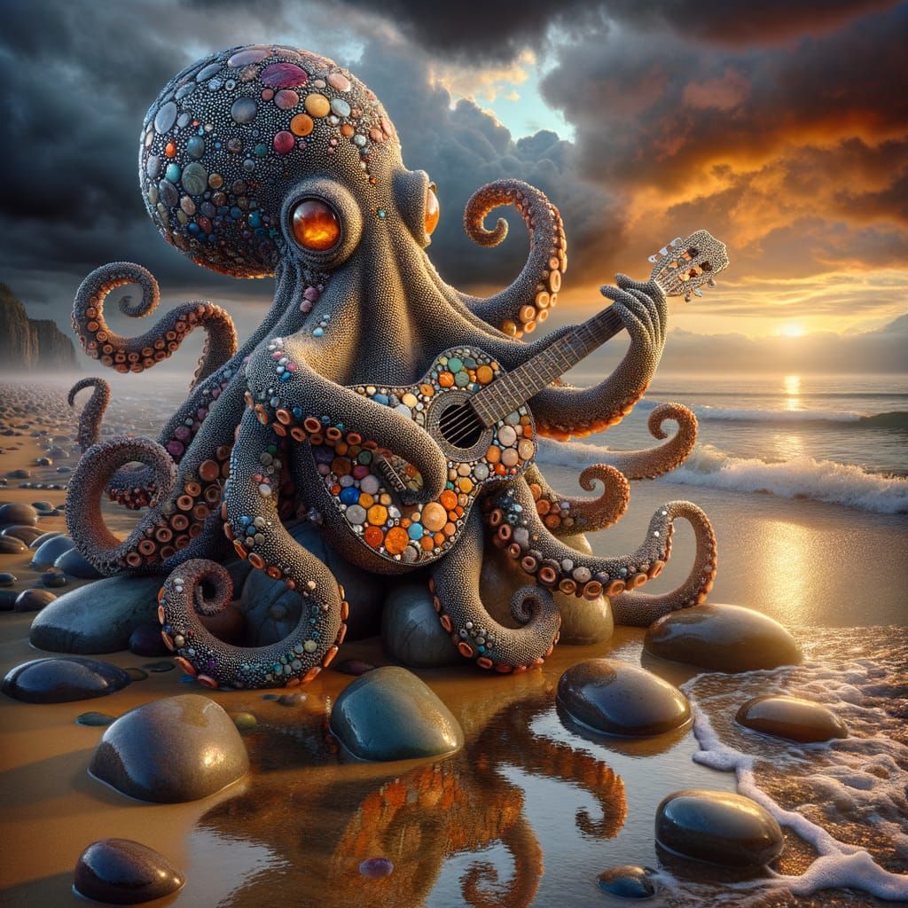 Octopus Plays Guitar: Pointillism Gemstone Mosaic
