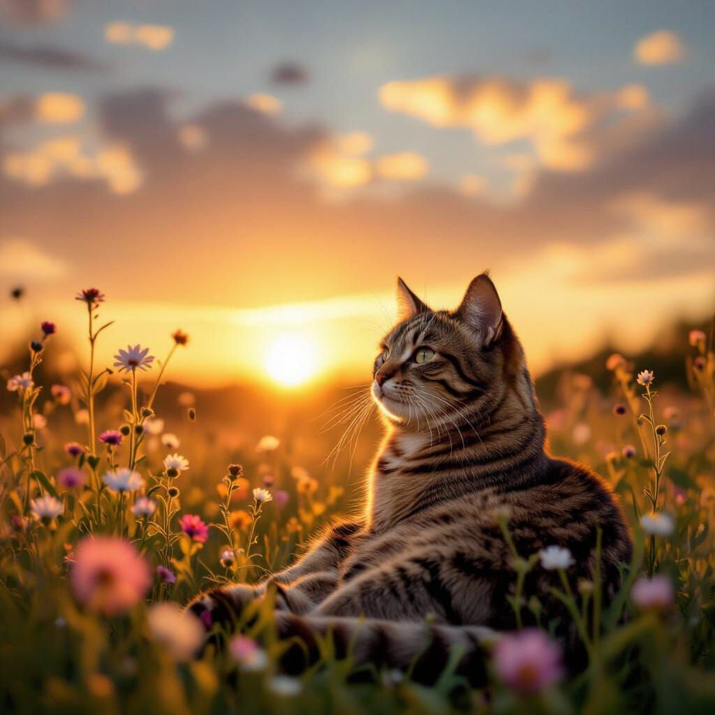 Tabby Cat Watches Golden Hour Sunset in Flower Meadow