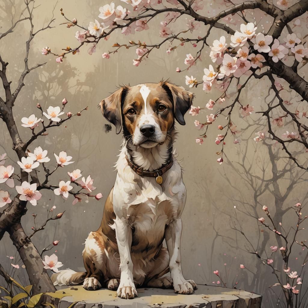 Visla Dog Posing by Flowering Tree, Watercolor Art