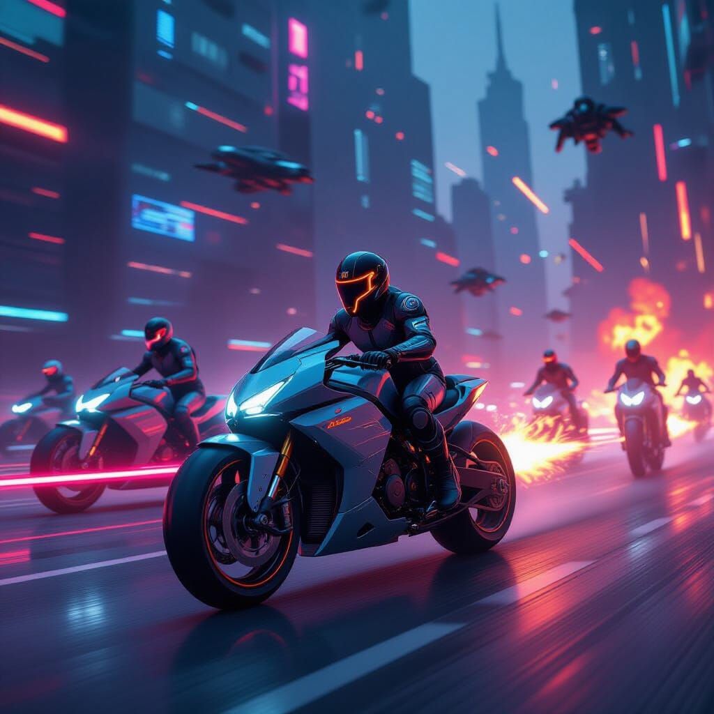 Cybernetic Motorcycle Race Through Future City