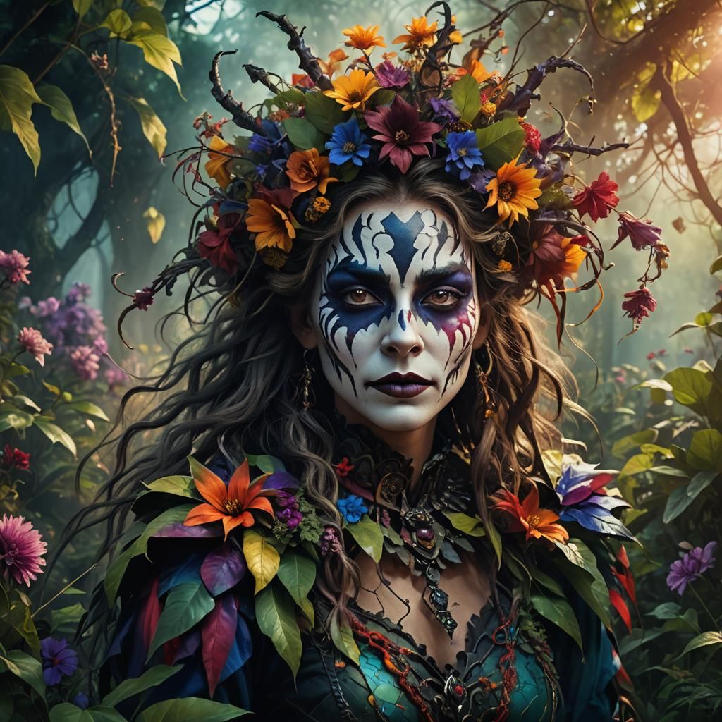 Mysterious Woman with Flowers and Jester Costume