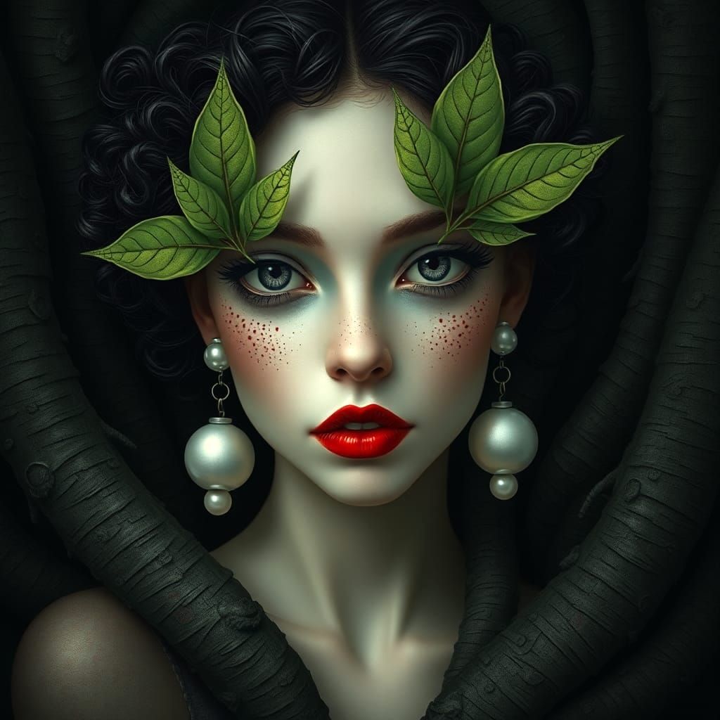 Dollequin made entirely from nature, surreal, whimsical, leaf eyes, spiraled tree bark, pale skin filled with recursive ...