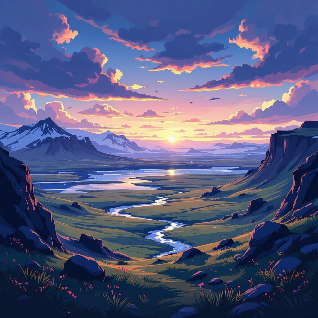 Dramatic Icelandic Landscape in Anime Style